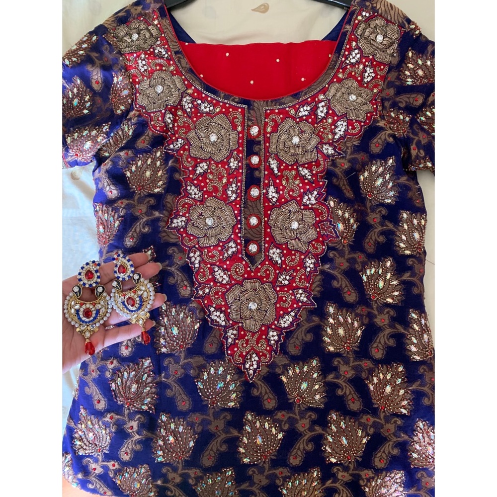 Blue & red Punjabi suit with matching earrings